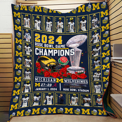 2024 Michigan Wolverines Rose Bowl Game Champions Fleece Blanket Quilt