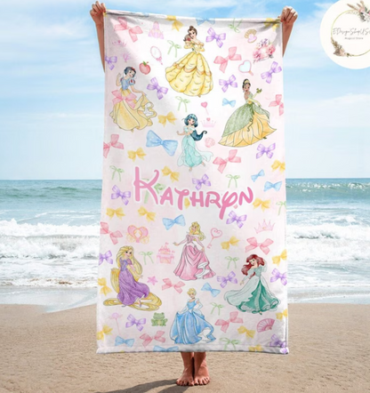 Custom Name Watercolor Disney Princess Beach Towel- 406TTBT164