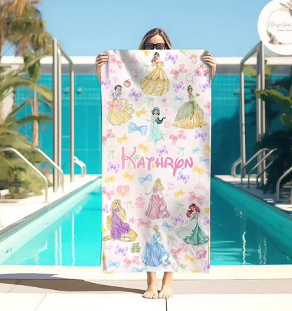 Custom Name Watercolor Disney Princess Beach Towel- 406TTBT164