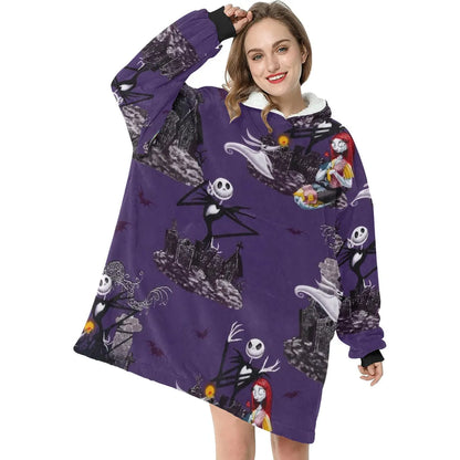 Dark Purple Nightmare Before Christmas Print Blanket Hoodie - TW95