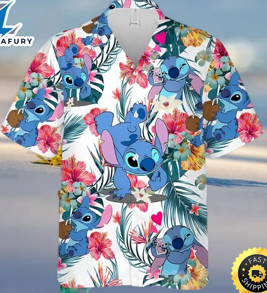 Lovely Stitch Disney Cartoon Red Hibiscus Hawaiian Shirt- 406TTHS116