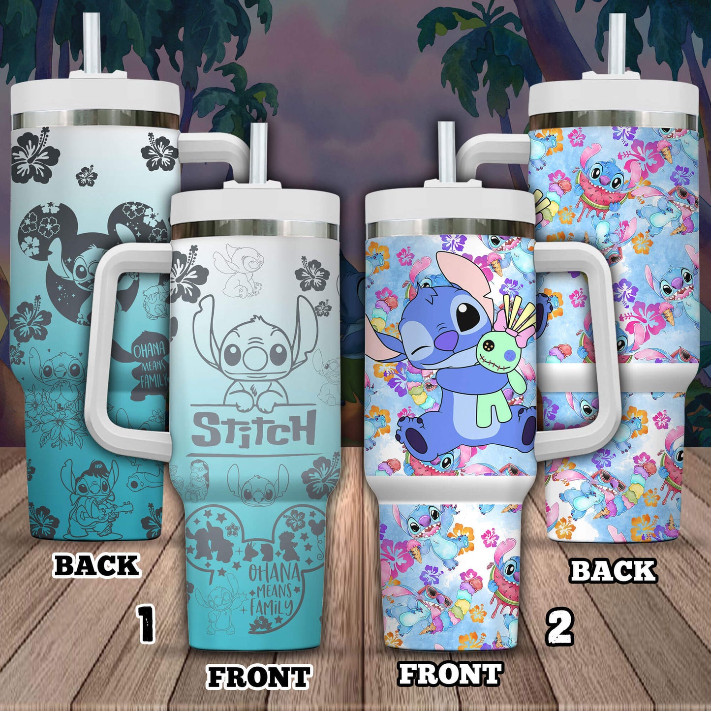 Combo 2 of Cute Stitch Disney Cartoon x Stitch Ohana Means Family And Flowers Quencher Tumbler 2505TW16