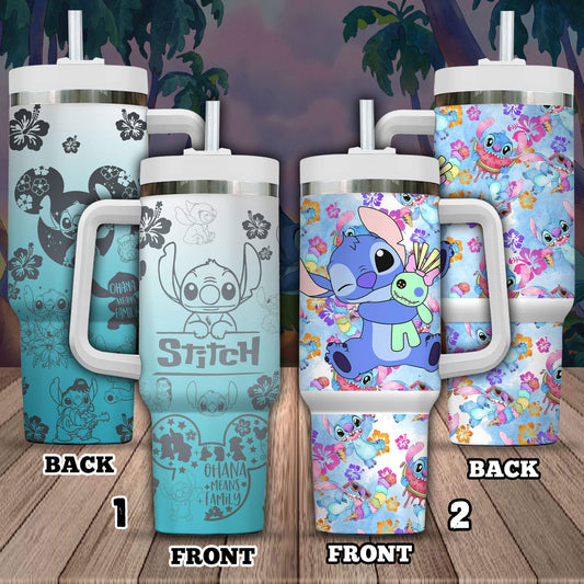 Combo 2 of Cute Stitch Disney Cartoon x Stitch Ohana Means Family And Flowers Quencher Tumbler 2505TW16